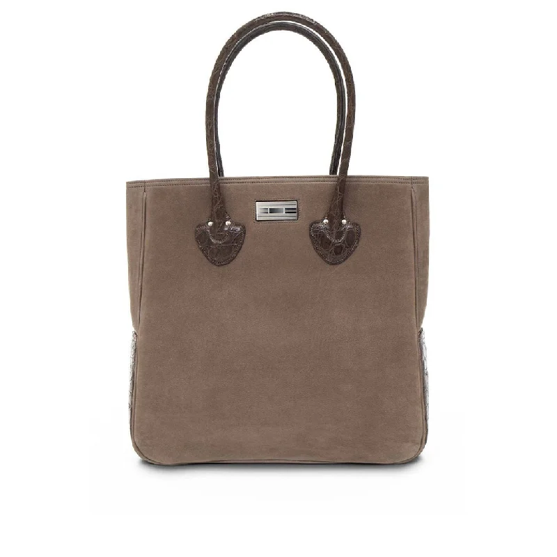 Essex Travel Tote Suede with Croc Trim, Light Brown & Brown