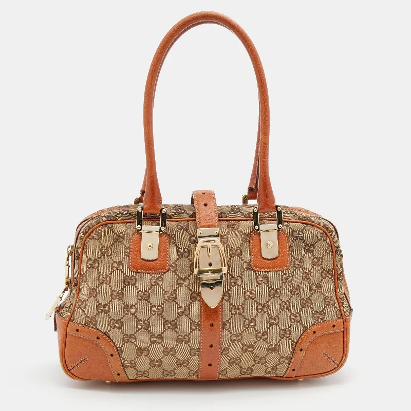 Gucci Brown/Beige GG Canvas and Leather Buckle Flap Glam Boston Bag