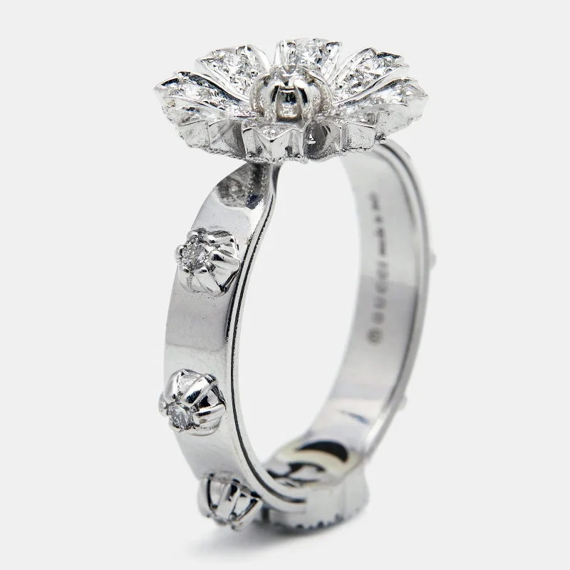 Gucci Flora Diamonds 18k White Gold Ring Size 57