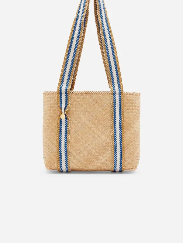 Mentawai Handwoven Bamboo Vegan Small Tote Bag | Natural & Blue Stripe