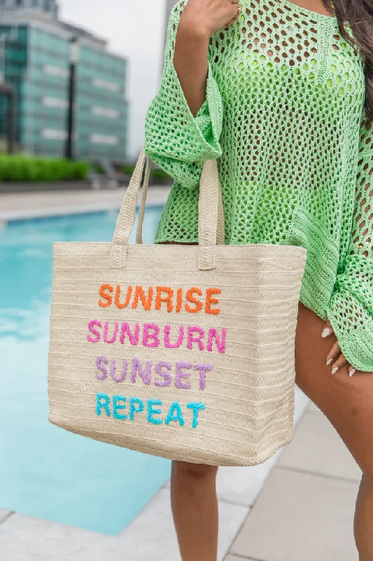 Woven ""Sunrise, Sunburn, Sunset, Repeat"" Beach Bag